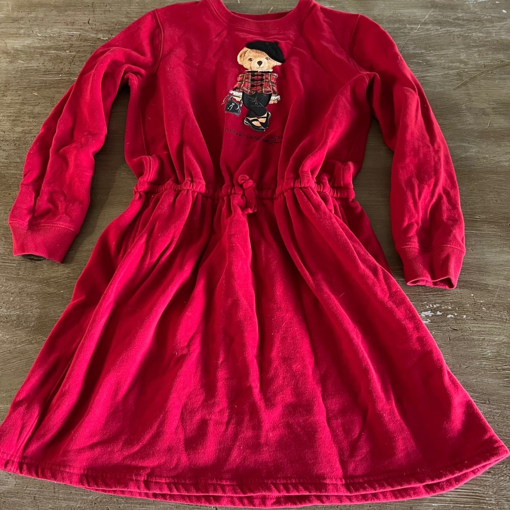 Polo Ralph Lauren Girls 12-14 Red Polo Bear Fleece Sweatshirt Dress L Parisian